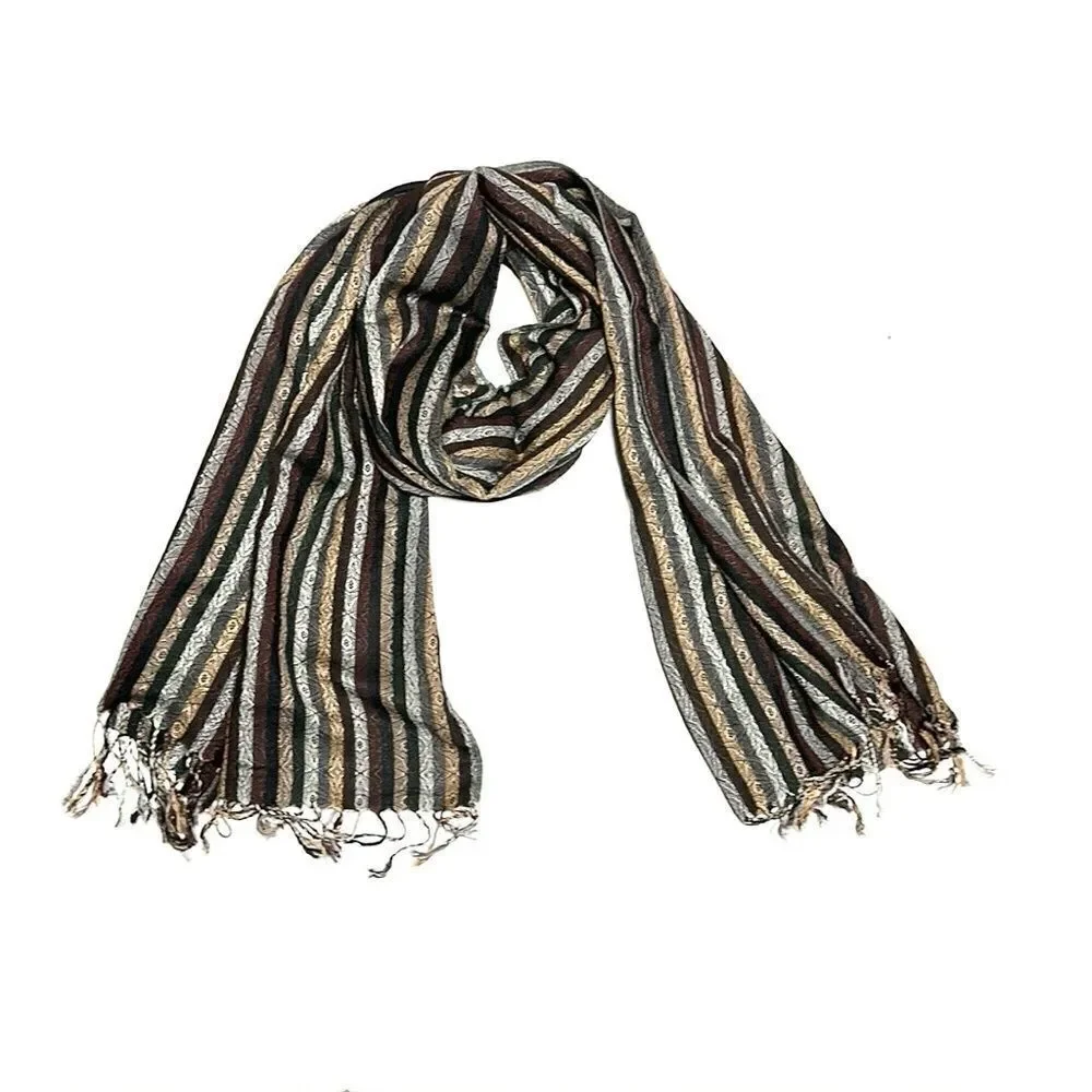 Large Wool Scarf Shawl Wrap Lightweight Striped Gray Brown Tan Men’s Women’s